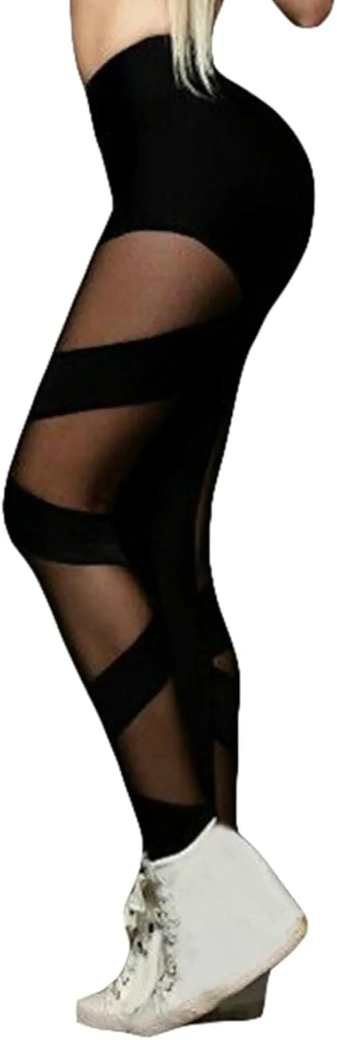 Women's Leggings Mesh Panel Crossover Sports Yoga Pants High Waist Leggings See-Through Sweatpants