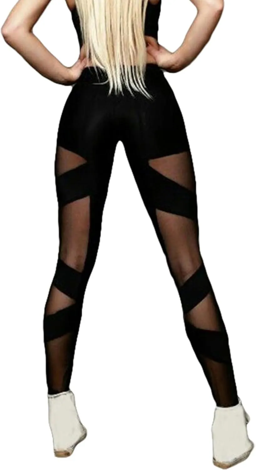 Women's Leggings Mesh Panel Crossover Sports Yoga Pants High Waist Leggings See-Through Sweatpants
