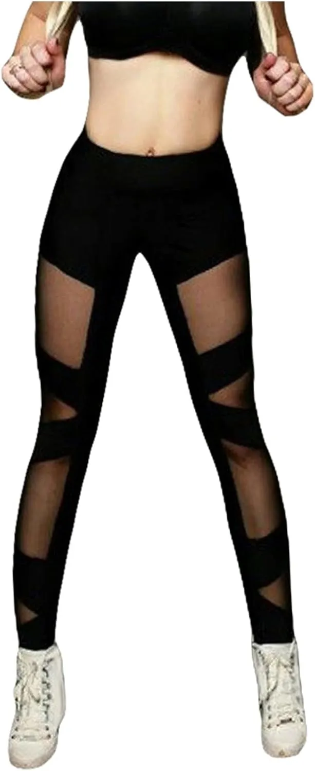 Women's Leggings Mesh Panel Crossover Sports Yoga Pants High Waist Leggings See-Through Sweatpants