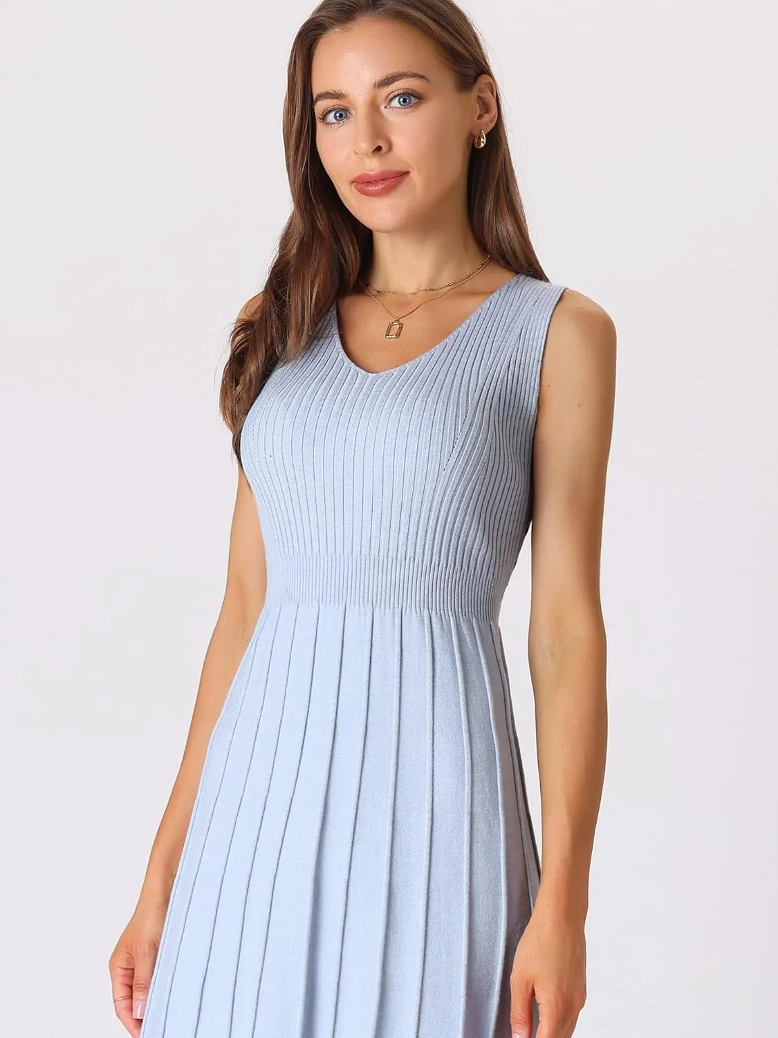 Women's Midi Sleeveless Dress V Neck Knitted A-Line Dress