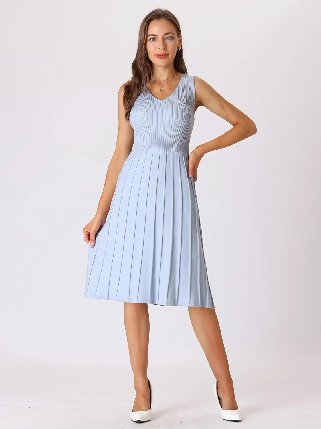 Women's Midi Sleeveless Dress V Neck Knitted A-Line Dress