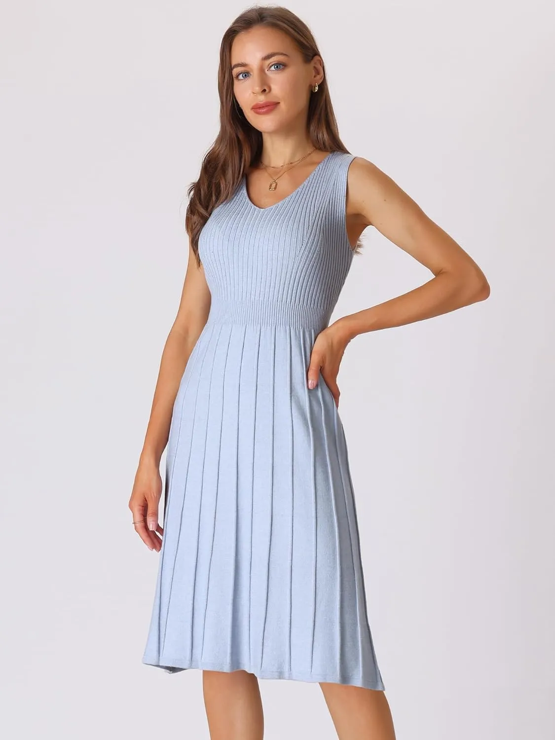Women's Midi Sleeveless Dress V Neck Knitted A-Line Dress