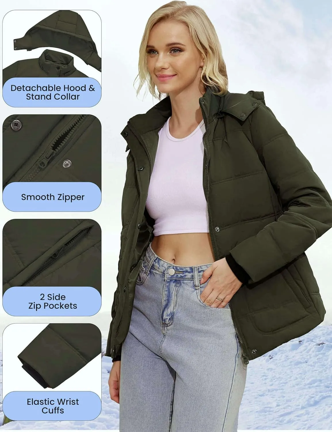 WULFUL Women's Winter Coats Lightweight Warm Thicken Puffer Jacket Waterproof Quilted Winter Jacket with Removable Hood