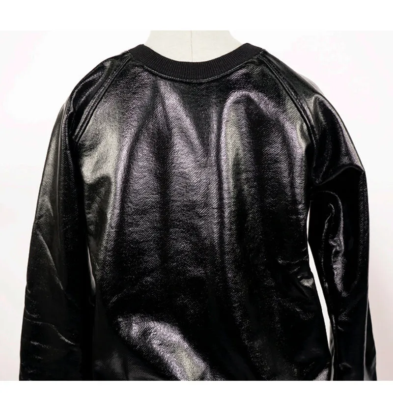 XS NEW $850 SAINT LAURENT Men's Black Shiny LACQUERED Coated Cotton SWEATSHIRT