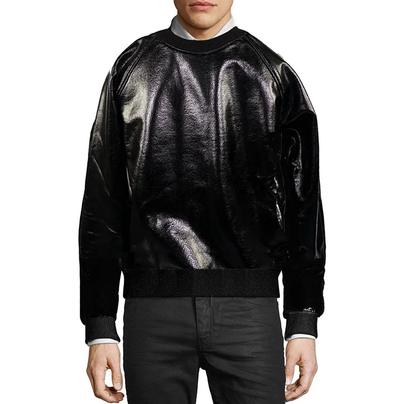 XS NEW $850 SAINT LAURENT Men's Black Shiny LACQUERED Coated Cotton SWEATSHIRT